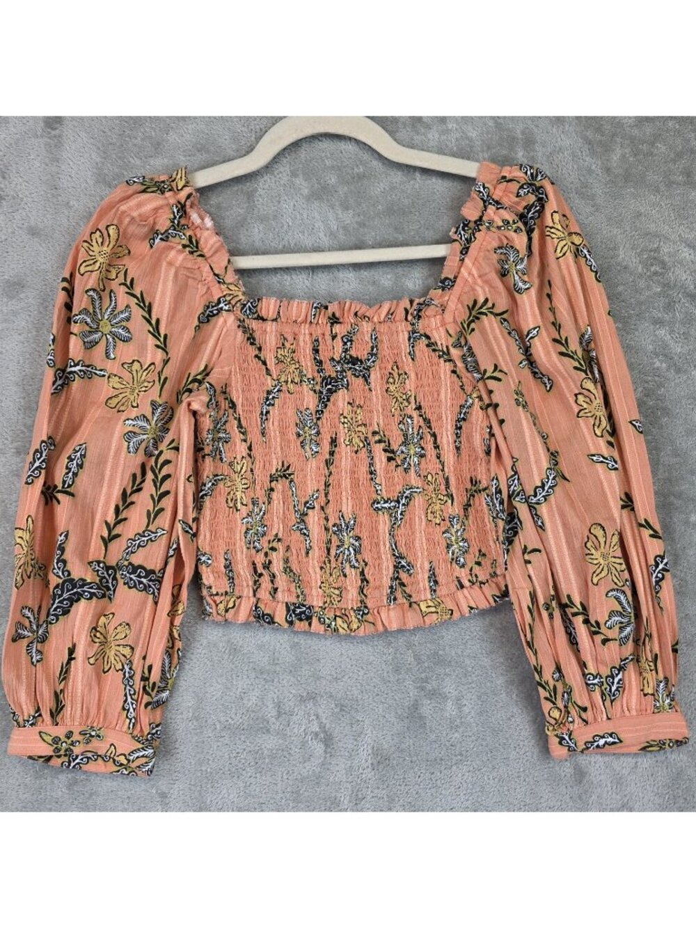 Joie Blouse Womens 2XS Orange Square Neck Puff Sleeve Cropped Smocked Floral